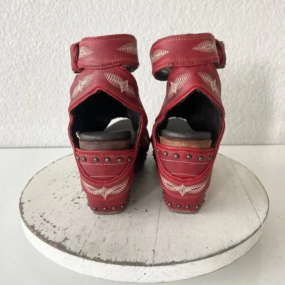 Lane Boots LEXINGTON Womens Red Wedges 7.5 Western Sandals Cowgirl Wooden Heels - Picture 3 of 11